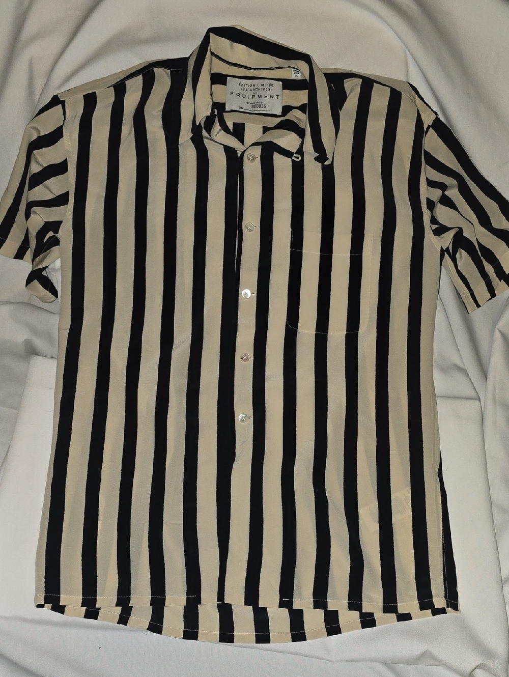 Equipment Black and Beige Vertical Stripe Short-Sleeve Button-Up Shirt